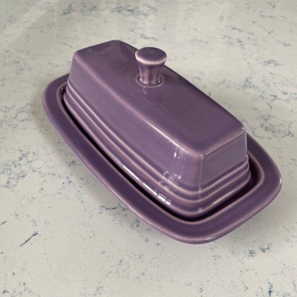 Homer Laughlin Fiestaware Vintage Lilac Bundle:Butter Dish, Relish Tray, Tumbler
